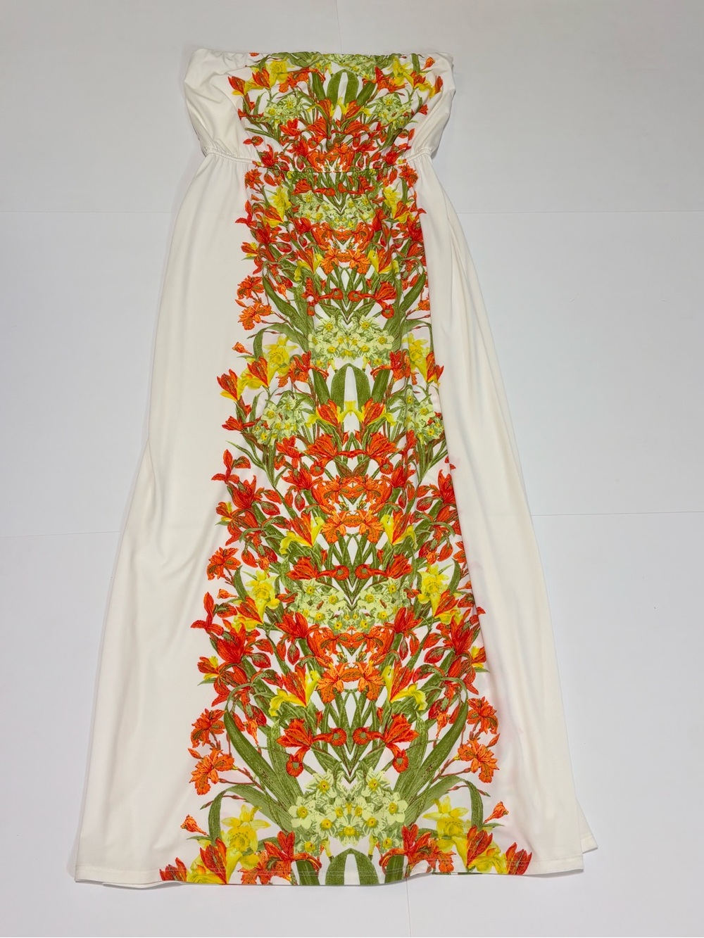 Bisou Bisou White Strapless Maxi Dress with Orange & Green Floral Panel